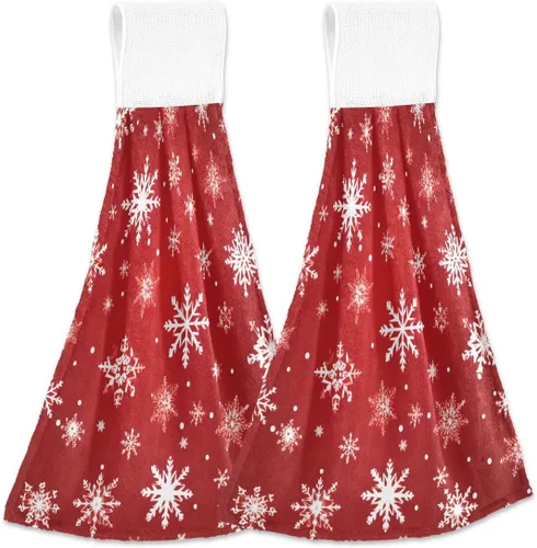 ALAZA Toalla de mano de cocina con copos de nieve roja con copos de nieve, 2 toallas colgantes para decoración del hogar, toallas de tela suave y