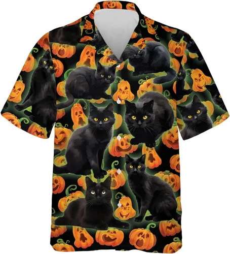 Miniatura 18 de Camisa hawaiana de gato negro para hombre, camisa de noche de Halloween, camisa de manga corta con botones (MP_HW_66)