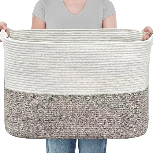 Miniatura 16 de MEGASKET Cesta de almacenamiento grande de color rosa, 22 x 17 x 12 pulgadas, contenedor rectangular de cuerda de algodón para organizar, Blanco