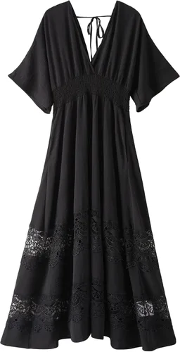 Miniatura 78 de Vestido largo de encaje para mujer de manga corta y cuello en V, vestido de fiesta estilo bohemio con cintura fruncida, vestido bohemio para mujer