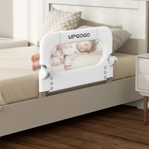 Miniatura 11 de UPGOGO Barandilla plegable para cama de niños, barandilla de cama para bebé con sistema de seguridad de anclaje reforzado, se adapta a literas