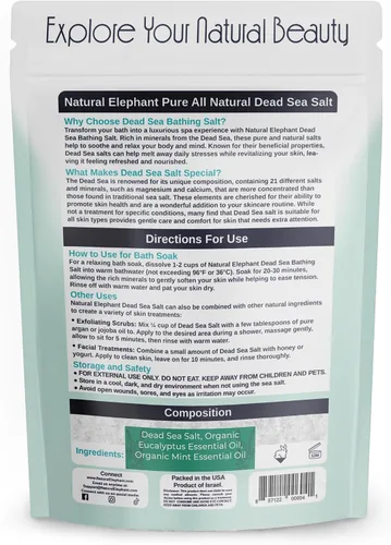 Miniatura 2 de Natural Elephant Sal de baño de eucalipto y menta del Mar Muerto, baño y remojo de pies para energizar y refrescar, 100% puro con aceite esencial