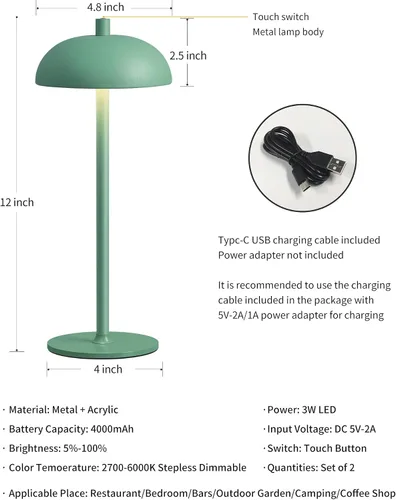 Miniatura 5 de Juego de 2 lámparas de mesa LED inalámbricas pequeñas de 12 pulgadas, lámpara de escritorio portátil impermeable, luces de batería recargable