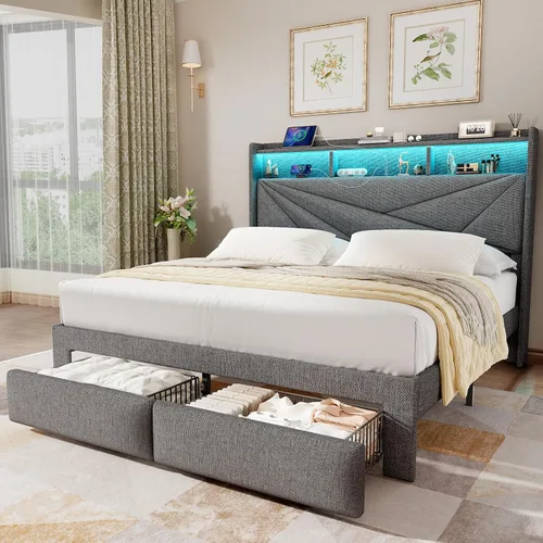 Miniatura 10 de Driftalia Base de cama de tamaño completo con cabecera de almacenamiento de 2 niveles, base de cama de tamaño completo tapizada con 2 cajones