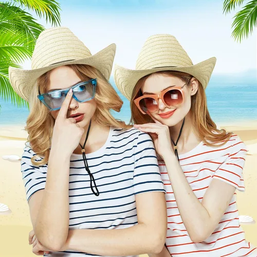 Miniatura 3 de SATINIOR Juego de 12 gorras de vaquero de paja y bandana, gorro de fiesta de vaquero, bandana a granel accesorios occidentales