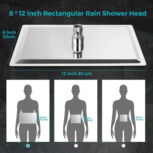 Miniatura 2 de Cabezal de ducha de lluvia, cabezal de ducha rectangular de 12 x 8 pulgadas con rociador de mano, juego de cabezal de ducha doble con barra