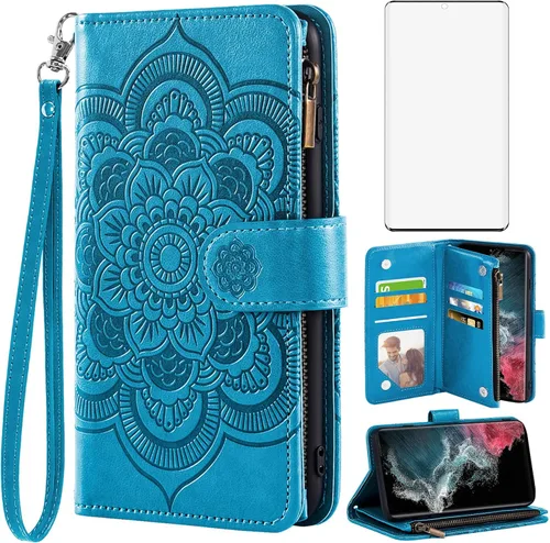 Asuwish Funda tipo cartera compatible con Samsung Galaxy S22 Ultra 5G y protector de pantalla de vidrio templado, tarjetero de cuero con tapa para