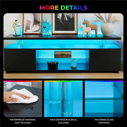 Miniatura 4 de Soporte de TV negro con luces LED para TV de 60 o 65 pulgadas, moderno centro de entretenimiento con almacenamiento, consola de TV