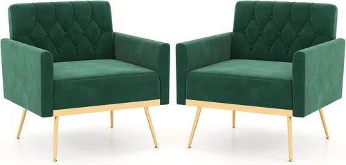 Miniatura 11 de Giantex Silla decorativa moderna de terciopelo, silla individual tapizada de mediados de siglo con respaldo copetudo con botones, patas de metal