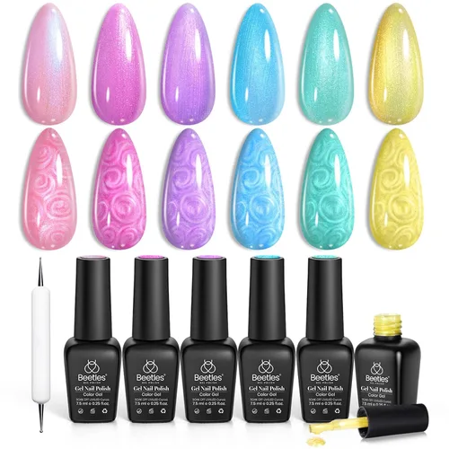 Miniatura 26 de Beetles - Juego Carnival Evergreen de 6 esmaltes de uñas de gel con purpurina, kit de 6 piezas con lámpara de remojo, aguacate, diseño de arte