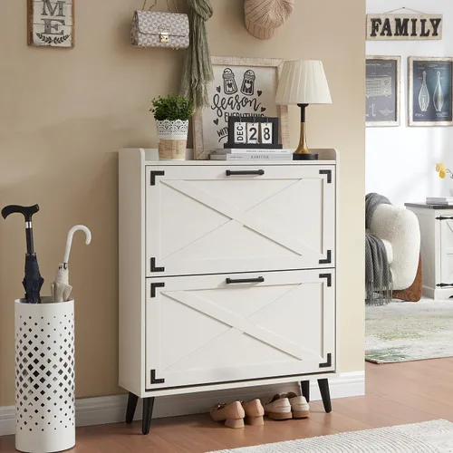 Miniatura 17 de Barnyatoh - Gabinete de almacenamiento de zapatos estilo granja, organizador de zapatos con 2 cajones abatibles y diseño de puerta de granero
