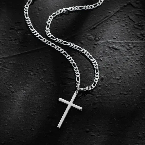 Miniatura 3 de FANCIME White Gold Plated 925 Sterling Silver Cross Pendant Necklace With 4MM Figaro Solid Curb Link Chain Gifts for Him Men, 24-INCH