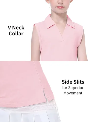 Miniatura 3 de EXARUS Camisetas polo de golf para niñas, sin mangas, cuello en V, tenis, atléticas, para ejercicio escolar de 5 a 12 años