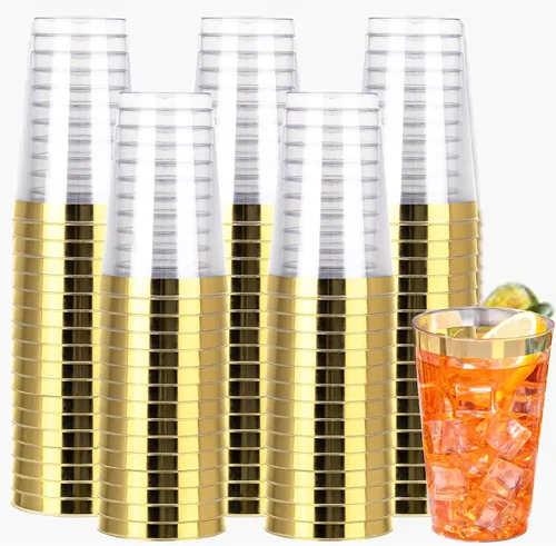 Miniatura 20 de I00000 Paquete de 100 vasos de plástico dorados de 14 onzas, vasos desechables de plástico con purpurina dorada, copas de vino desechables, copas