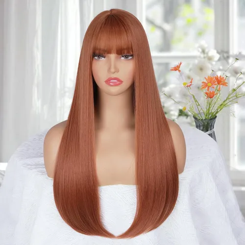 Miniatura 9 de Peluca larga negra con flequillo, pelucas lacias color negro mate natural para mujer, resistente al calor, peluca sintética con flequillo
