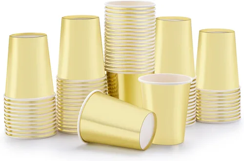 Miniatura 2 de Vasos de papel dorados de 9 onzas [paquete de 50] desechables para café, bebidas frías y calientes, té, agua, leche, jugo, bebidas, purpurina