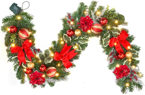 Miniatura 8 de Guirnalda de Navidad rosa de 6 pies para puerta delantera con 30 luces LED con temporizador, guirnalda festiva iluminada para vacaciones con copo