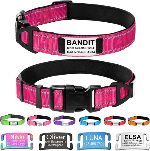 Miniatura 10 de Collares de perro personalizados con placa de nombre, etiquetas de identificación grabadas con collar de nailon reflectante, collar de neopreno
