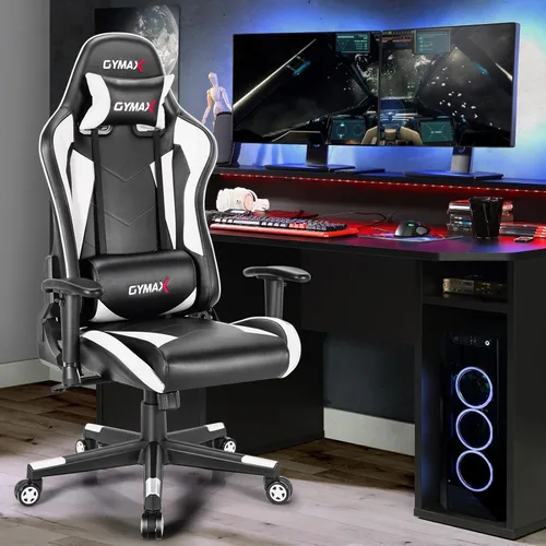 Miniatura 7 de GYMAX Silla de juegos de computadora, silla de oficina de estilo carreras con reposacabezas de soporte lumbar ajustable, giratorio de 360°, silla