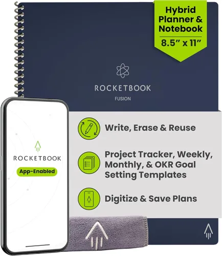 Rocketbook Fusion Hybrid - Planificador y cuaderno reutilizables en uno, páginas en blanco adicionales, rastreador de metas y proyectos, Azul marino