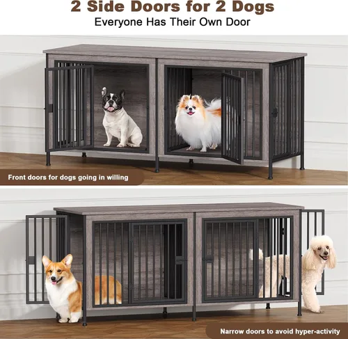Miniatura 2 de EasyCom - Mueble jaula para 1 o 2 perros, individual o doble, resistente jaula para interiores, base de televisión, mediano, 63 pulgadas de largo