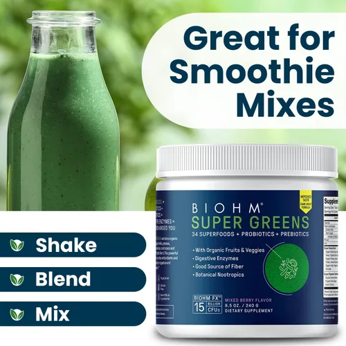 Miniatura 7 de BIOHM Super Greens, polvo de superalimento verde (8.5 onzas, 30 porciones) antioxidante en polvo vegetal y mezcla de batidos, 34 superalimentos