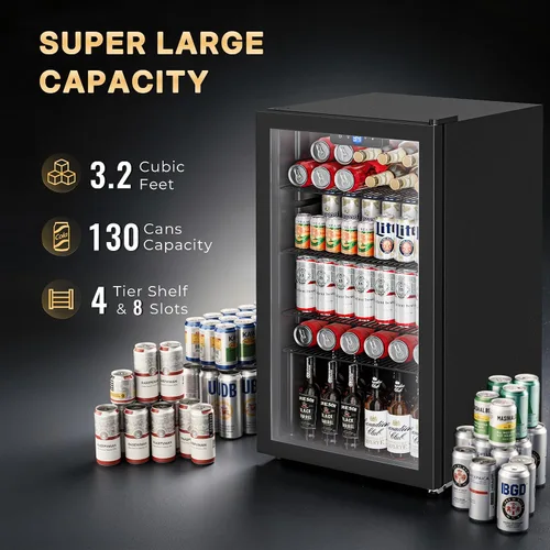 Miniatura 3 de Manastin Refrigerador de bebidas para 130 latas, mini refrigerador de 3.2 pies cúbicos con puerta de vidrio para bebidas, cerveza, vino, luz LED