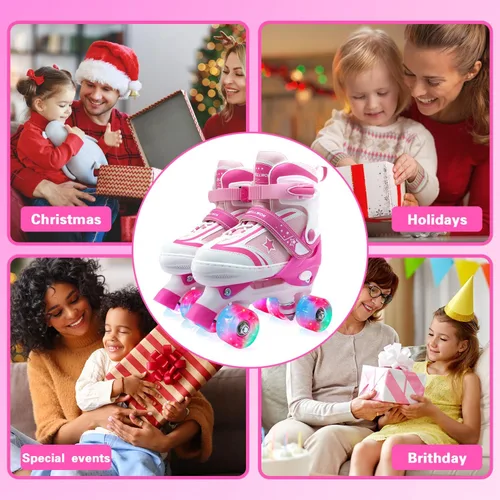 Miniatura 6 de Kids Roller Skates for Boys Girls, 4 Size Adjustable Kids Rollerskates with Light Up Wheels Roller Skates for Boys Girls Ages 5-8 8-12 Rosa