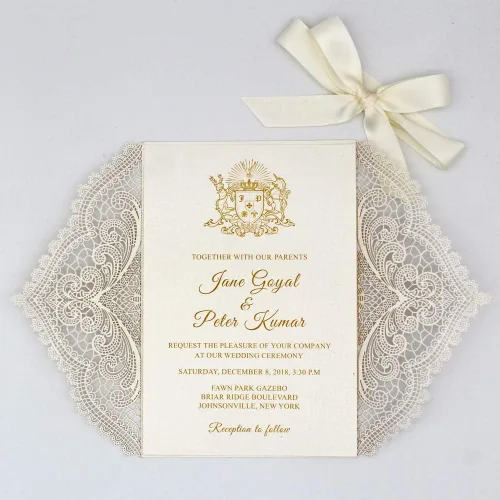 Miniatura 3 de Paquete de 25 invitaciones de boda de encaje cortado con láser marfil con inserto brillante y lazo de cinta, elegantes tarjetas de invitación