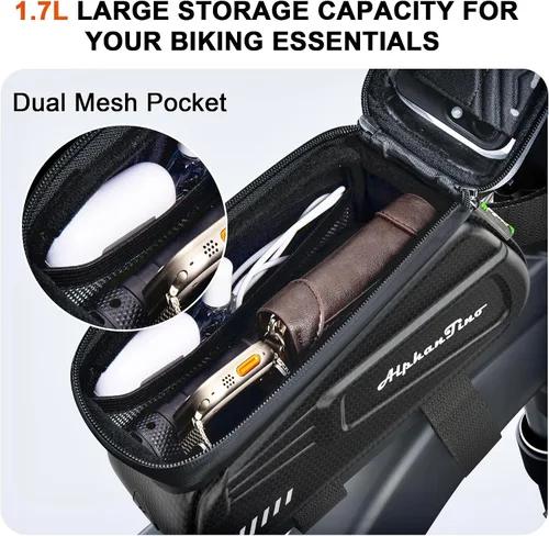Miniatura 2 de Bolsa para Soporte de Teléfono para Bicicleta Alphantino - Estuche Rígido Impermeable de Gran Capacidad para Tubo Superior, Marco Frontal