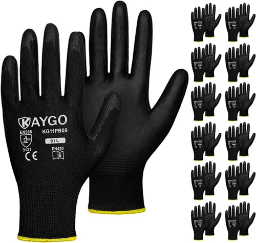 Miniatura 66 de KAYGO KG11PB - Guantes de seguridad con revestimiento delgado de poliuretano, tejido sin costuras, agarre suave en palma y dedos, para trabajo Verde