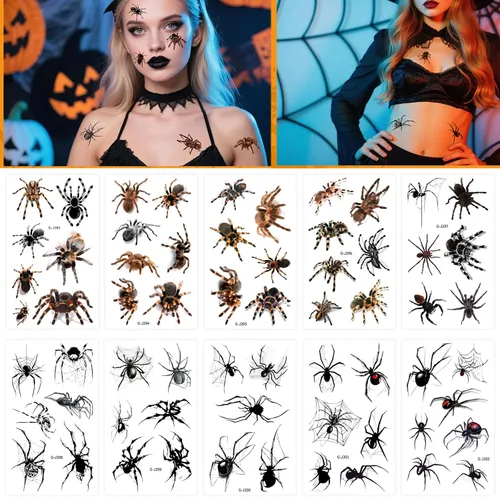 Tatuajes temporales de araña de Halloween, calcomanías de arte facial y corporal, 10 hojas de calcomanías de tatuaje para el día de los muertos,