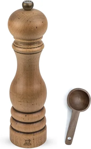 Peugeot Paris Classic Collection - Molinillo de sal antiguo natural, con cuchara de madera para especias (9 pulgadas, molino de sal con cuchara)