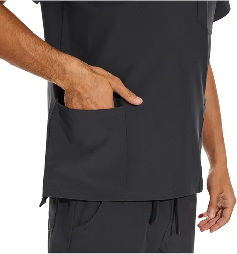 Miniatura 5 de COZYFIT Conjunto de ropa quirúrgica para hombre camiseta elástica con cuello en V y pantalón deportivo con 8 bolsillos, cintura de yoga, ropa