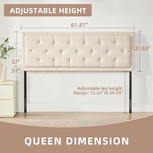 Miniatura 2 de Howjoe Cabecero tapizado solo tamaño Queen, cabecero capitoné tamaño Queen, cabeceros modernos de madera maciza con altura ajustable con patas
