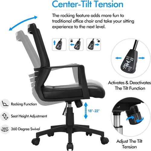 Miniatura 7 de Yaheetech Silla de computadora acolchada de cuero con respaldo de malla media con soporte lumbar, silla de oficina ergonómica de altura ajustable