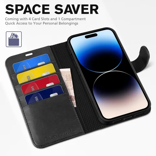 Miniatura 7 de Funda tipo billetera TUCCH para iPhone 14 Pro Max de 6.7", con bloqueo RFID, soporte para 4 tarjetas [carcasa interior de TPU a prueba de golpes]