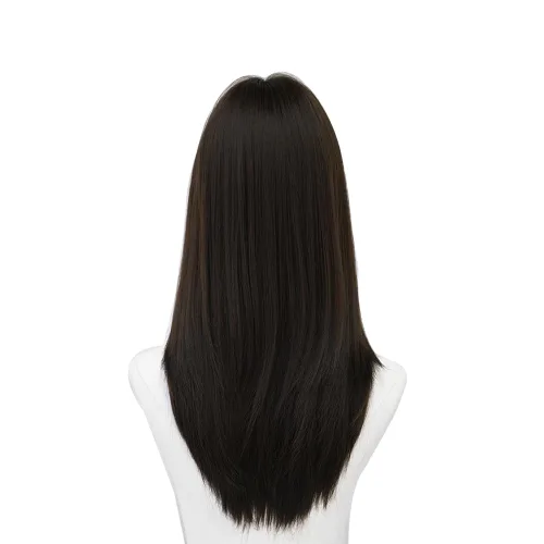 Miniatura 4 de Peluca de 22 pulgadas de largo y lacia con flequillo de cortina para mujer, cabello sintético negro, resistente al calor, para fiesta, cosplay, Té