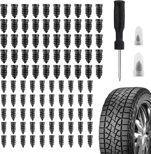Salior 100 piezas Kit de tapones de neumáticos con destornillador, kit de reparación de neumáticos planos de goma para reparación rápida de