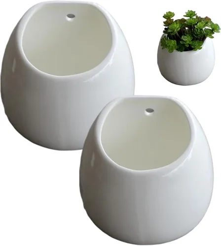 Maceta Colgante de Cerámica Blanca Paquete de 2 - Maceta Moderna con Agujero para Colgar para Suculentas y Plantas Pequeñas Decoración del Hogar