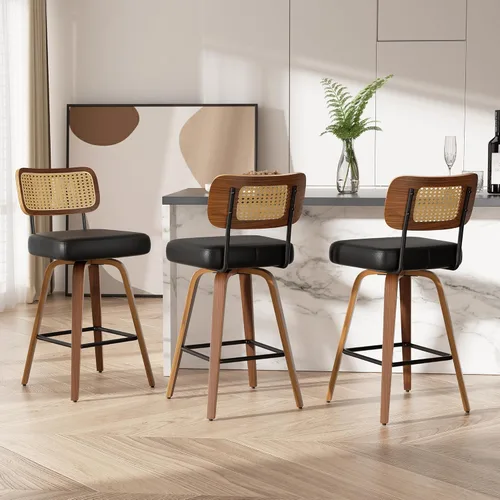 Miniatura 48 de Juego de 1 taburete de bar giratorio, taburetes de bar tapizados de 26" de altura para encimera con respaldo de nogal y patas de madera curvada