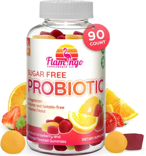 Flamingo Supplements Gomitas probióticas sin azúcar (3 mil millones de UFC) – Kosher, halal y vegano – Apoyo digestivo para mujeres, hombres y niños
