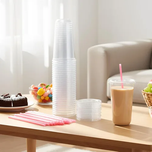 Miniatura 2 de Ziliny 50 Juegos de Vasos de Plástico Transparente con Pajitas y Tapas Rosas en Forma de Corazón, Vasos Desechables para Café Helado Drinking Pet