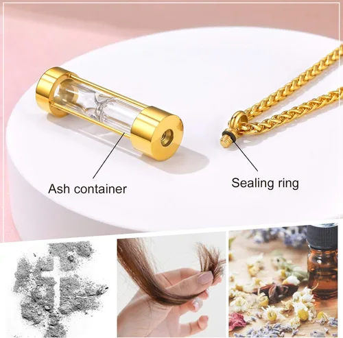 Miniatura 47 de FindChic Collares personalizados con urna para cenizas, barra vertical, gato, luna, reloj de arena, garra de perro, acero inoxidable, chapado en oro