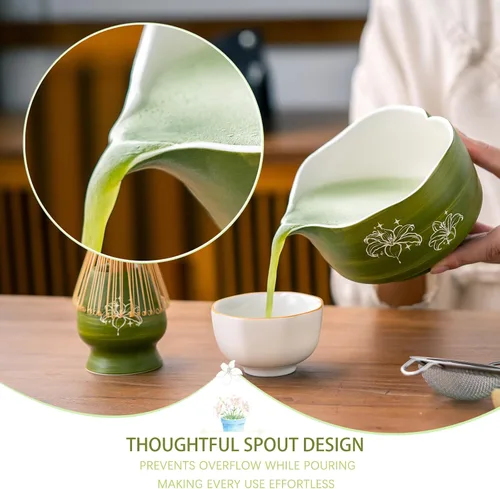 Miniatura 8 de Buucup Juego de matcha, 5 piezas de aguacate verde matcha con cuenco en forma de corazón con boquilla, batidor de bambú, cuchara, tamiz y soporte