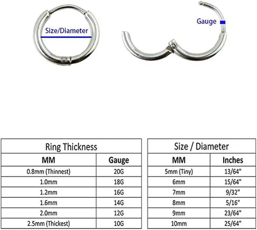 Miniatura 4 de Aretes de acero inoxidable 316L, argollas de 1564, 516, 2564, 716, 1532 y 3564 pulgadas, arracadas hipoalergénicas, para el cartílago, hélix