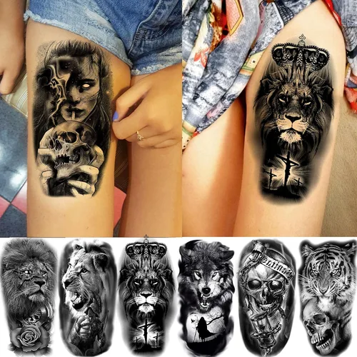Miniatura 4 de 70 hojas de tatuajes temporales realistas en 3D de antebrazo, lobo, tigre, león, para hombres y mujeres, brazo del muslo, calavera aterradora