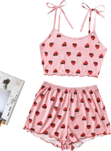 Miniatura 3 de SweatyRocks - Conjunto de pijama de verano con pantalones cortos, con estampado de fresas, para mujer