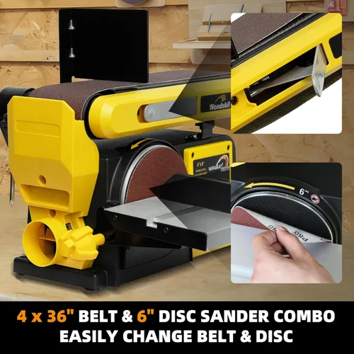 Miniatura 4 de Woodskil Lijadora de disco de banda de velocidad variable, correa de 4 x 36 pulgadas y disco de 6 pulgadas 3A Máquina combinada de lijadora