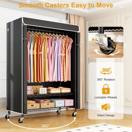 Miniatura 4 de ULIFHOME P6C Plus - Perchero Rodante con Cubierta, Perchero Cubierto Resistente, Armario Portátil para Colgar Ropa, Perchero con Ruedas, Perchero
